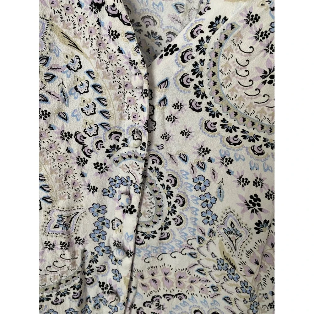 Loft Swing Dress Womens L White Blue Paisley Floral Puff Sleeve V-Neck Boho